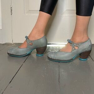 John Fluevog Gray and Teal Heels
